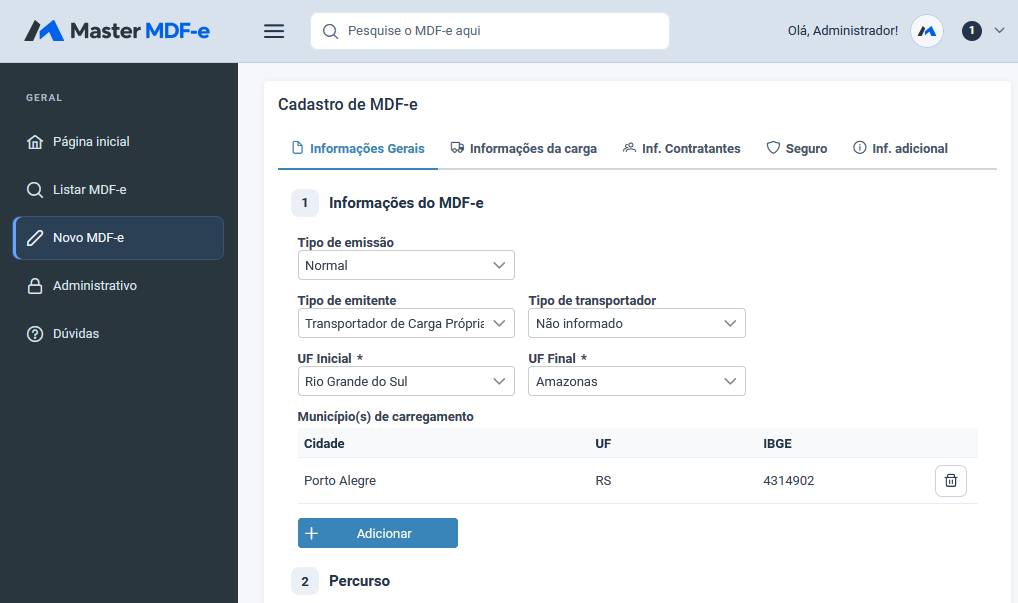 Cadastro de MDF-e no computador, com dados da emissão e da viagem